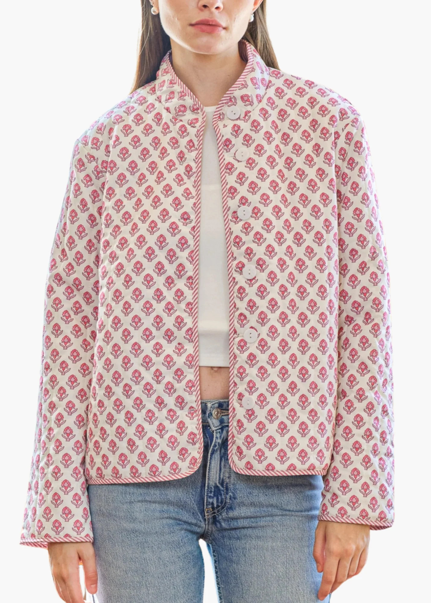Block Print Floral and Stripe Reversible Jacket in Rose | Poppy and Pink