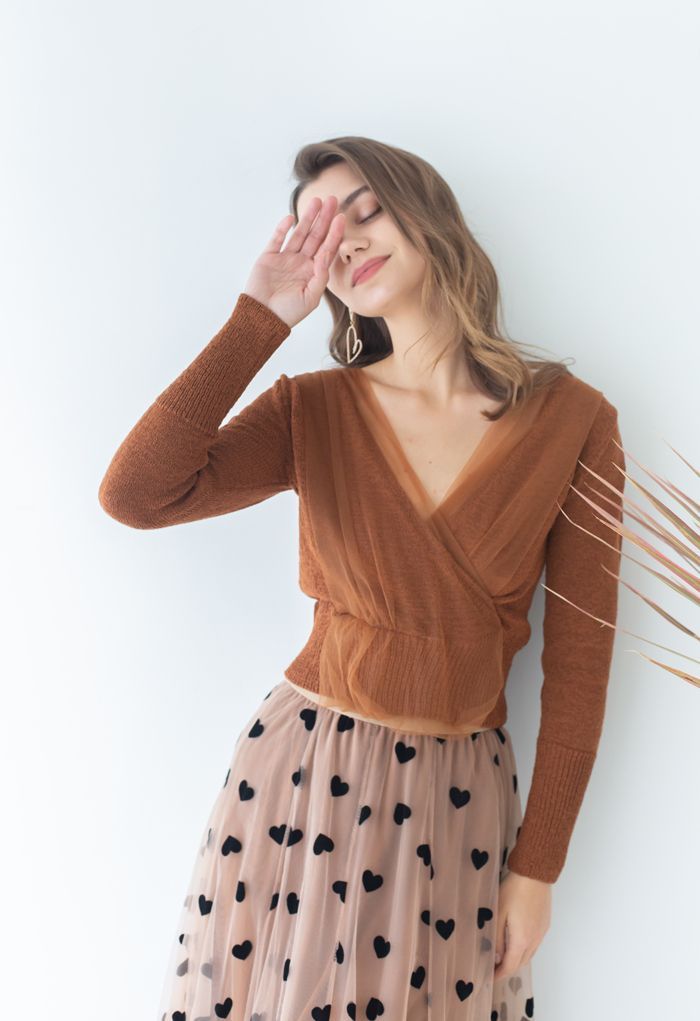 Mesh Overlay Long Sleeve Wrap Crop Knit Top in Caramel | Chicwish
