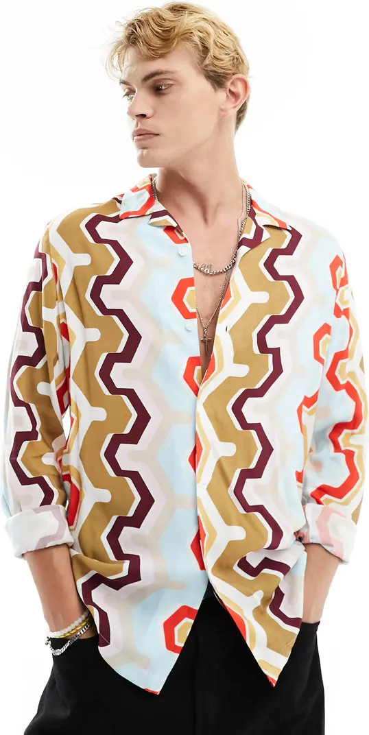 ASOS DESIGN '70s Geo Print Button-Up Shirt | Nordstrom | Nordstrom