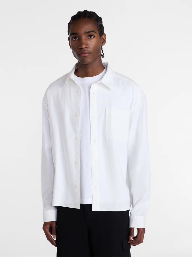 No Boundaries Boxy Cropped Fit Oxford Shirt with Long Sleeves, Men's XS-5XB | Walmart (US)