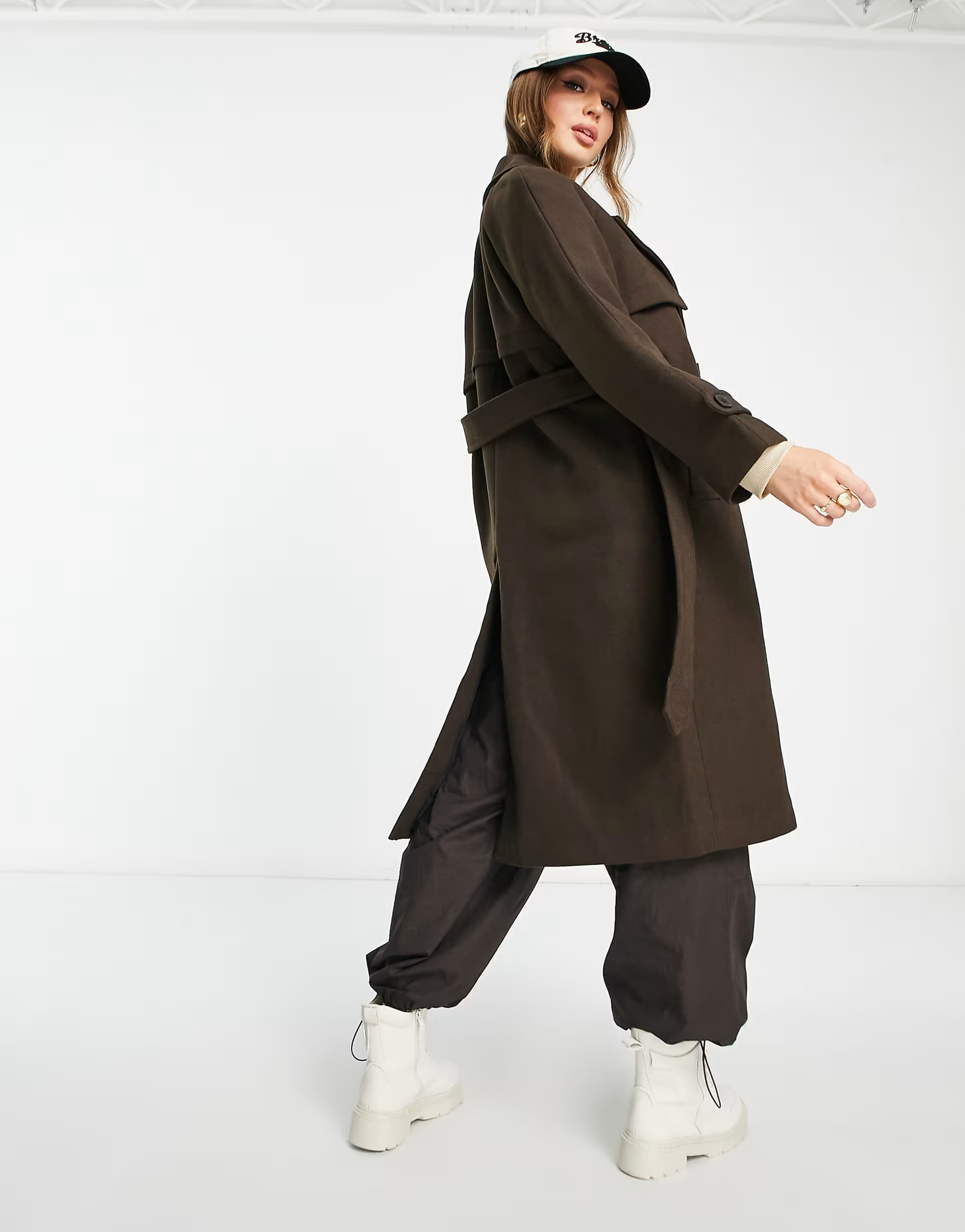 Bershka maxi belted coat in chocolate brown | ASOS | ASOS (Global)