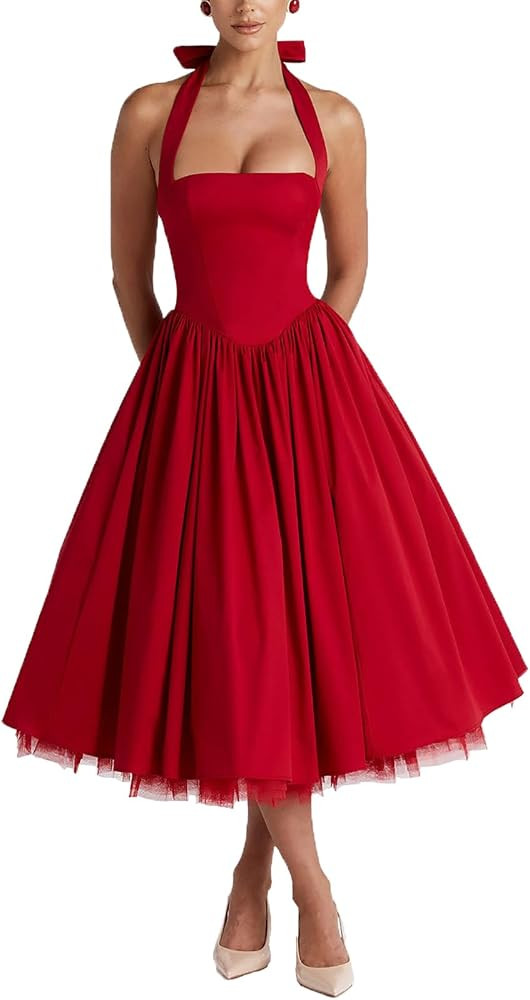 Women Summer Halter Dress Low Cut Sleeveless A Line Tulle Swing Flowy Tea Length Dress Corset Pro... | Amazon (US)