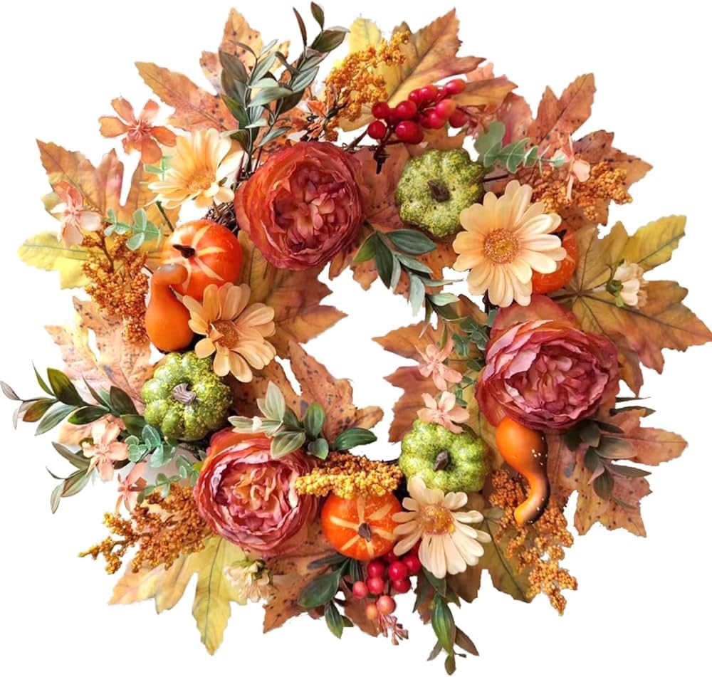 WANNA-CUL 20 Inch Fall Wreath for Front Door with Pumpkins,Orange Roses and Sunflowers -Fall Deco... | Amazon (US)