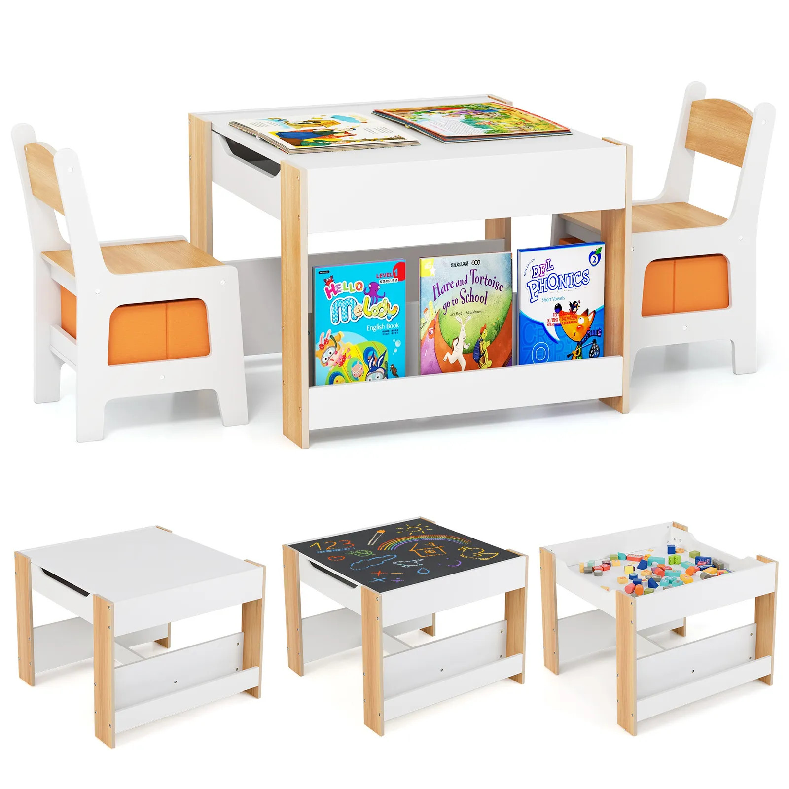 Natural Costway Kids Table & Chairs Set 4 in 1 Toddler Activity Table Playroom | Debenhams | Debenhams UK