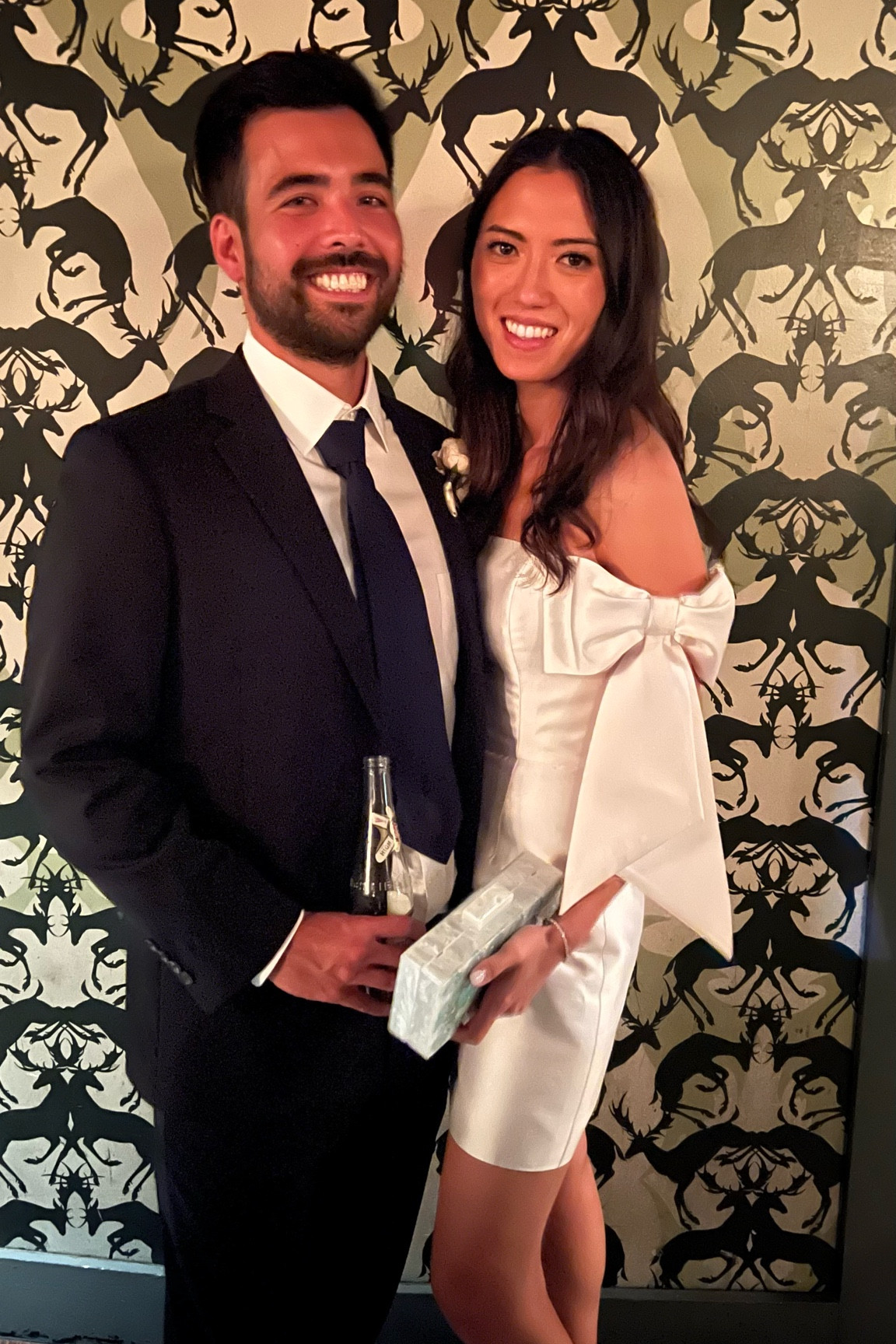 Alec & my wedding after party looks. Alec wore a Brooks Brothers suit & dress shirt and vintage Yves Saint Laurent tie. I wore a white Alexia Maria Isabella silk-wool dress, Margaux city sandal ( SO comfortable), Asha Mallorca clutch, & tennis bracelet. #weddinglook #weddingafterparty #weddingreception #receptiondress #overthemoo  

#LTKmens #LTKwedding #LTKshoecrush