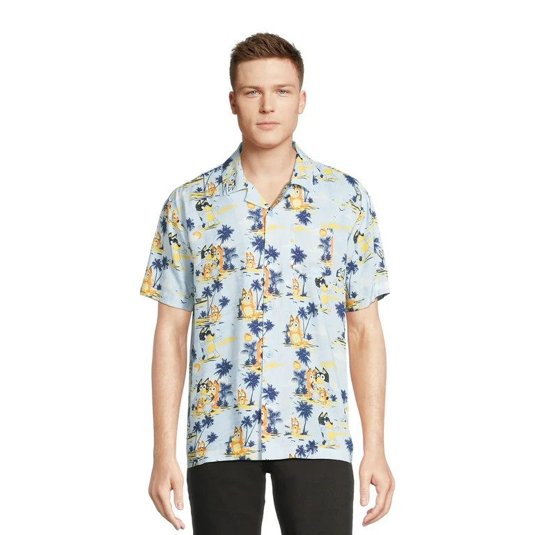 Bluey Men’s Hawaiian Print Button-Up Shirt with Short Sleeves, Sizes XS-3XL | Walmart (US)