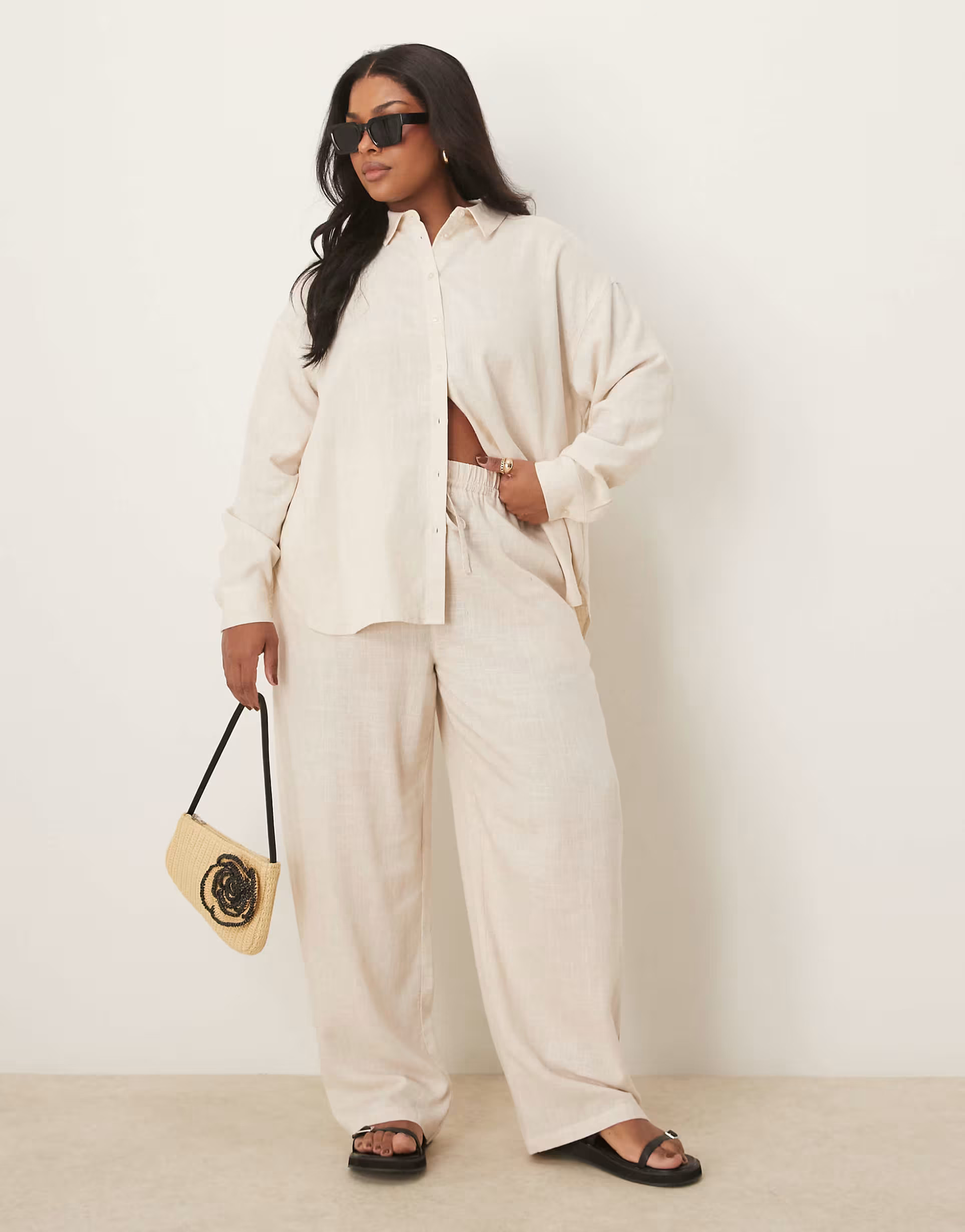 ASOS DESIGN Curve linen look pull on pants in stone - part of a set | ASOS (Global)