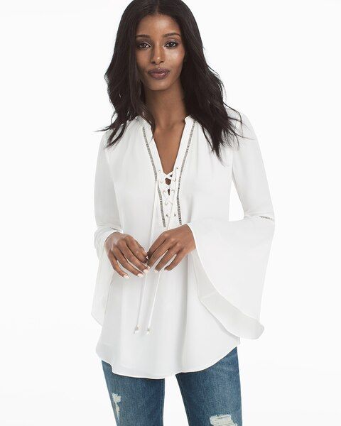 Women's White Lace-Up Henley Blouse by White House Black Market | White House Black Market