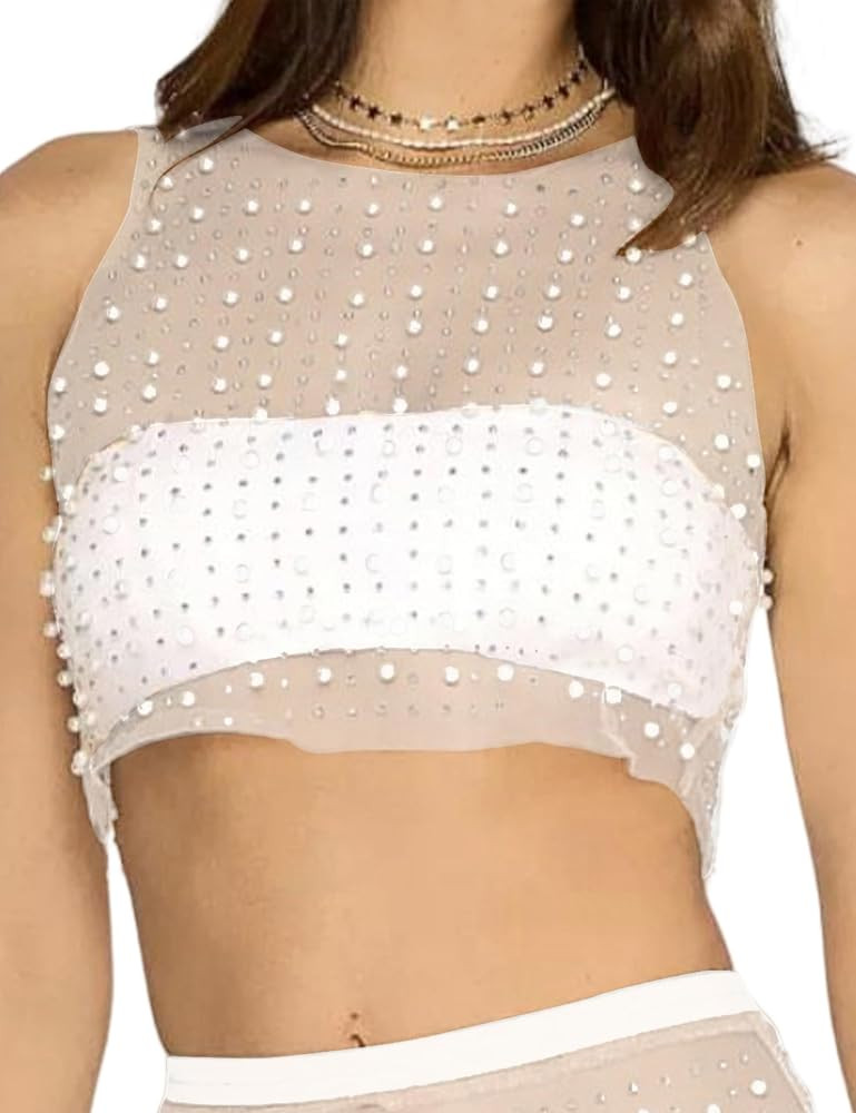 Meladyan Women Sexy Sheer Mesh Diamond Rhinestone Crop Tank See Through Hollow Out Sleeveless Cre... | Amazon (US)