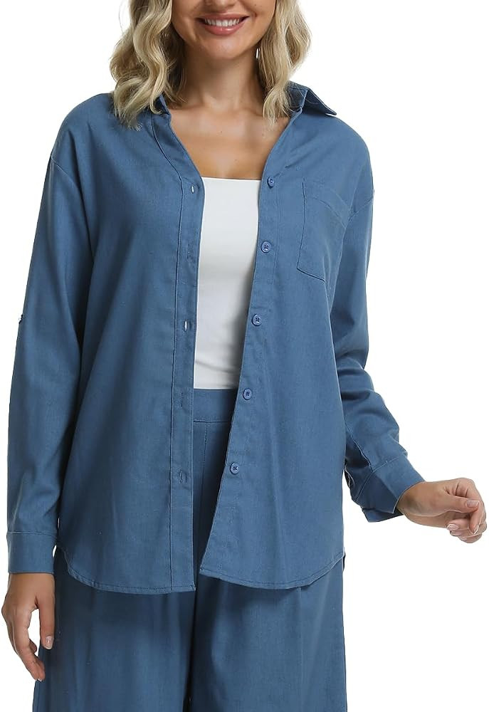 Women's Long Sleeve Linen V-Neck Button Down Blouse - Spring Tops for Seniors, Breathable Linen S... | Amazon (US)