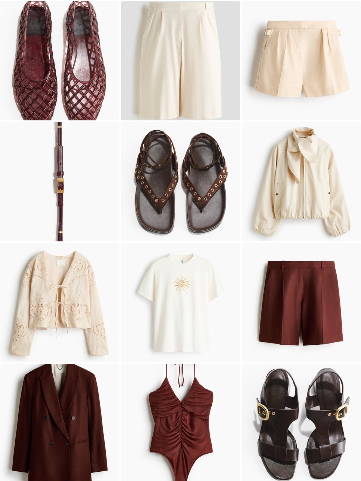 Rich neutrals and warm chocolate tones at H&M 🤎✨ This outfit edit mixes creamy tailored pieces with deep burgundy accents for a look that feels polished but still effortless. Timeless, wearable and easy to mix throughout the season. 🤍🍫

Like this post to save it to your favourite folder and come back later to shop.

cream shorts, pleated shorts, burgundy shorts, brown blazer, chocolate blazer, woven flats, brown leather sandals, strappy sandals, ruched burgundy top, ivory graphic tee, embroidered cardigan, cream jacket, neutral outfit, summer capsule wardrobe, chic summer outfits, minimalist style, brown and cream outfit, tailored shorts outfit, elegant summer style, European summer fashion.