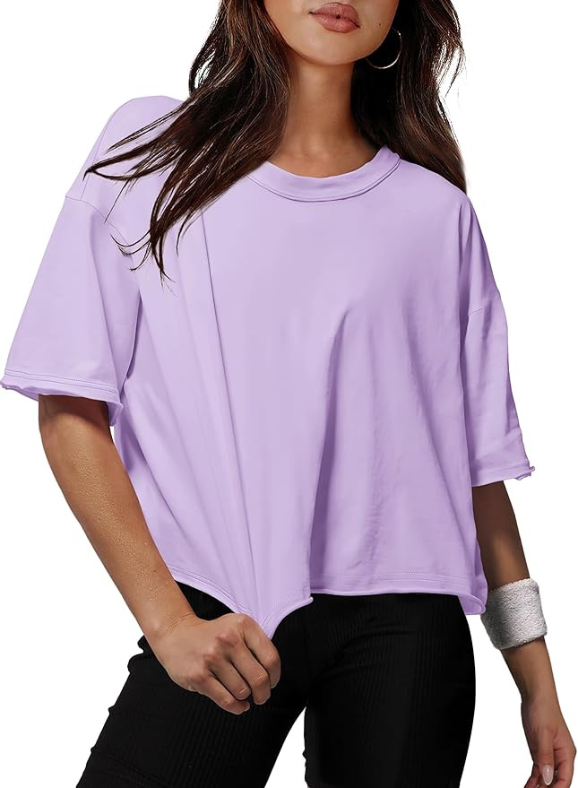 XIEERDUO Cotton Tshirts for Women Drop Shoulder Round Neck Oversized Crop Tops Workout Tops Tees | Amazon (US)