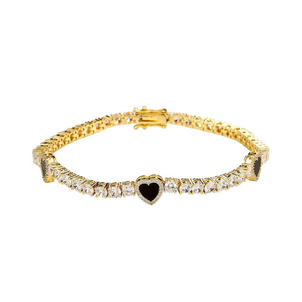 Heart Tennis Bracelets for Women, 14K Golden Plated 4MM Bracelets for Women, Pink Black Cubic Zir... | Amazon (US)
