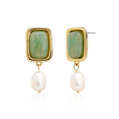 Sonateomber Gold Chunky Green Dangle Drop Earrings for Women,Dainty Pearl Statement Square Aventurine Natural Gemstone Healing Dangling Earings Prom Wedding Accessories Fashion Jewelry Gift | Amazon (US)
