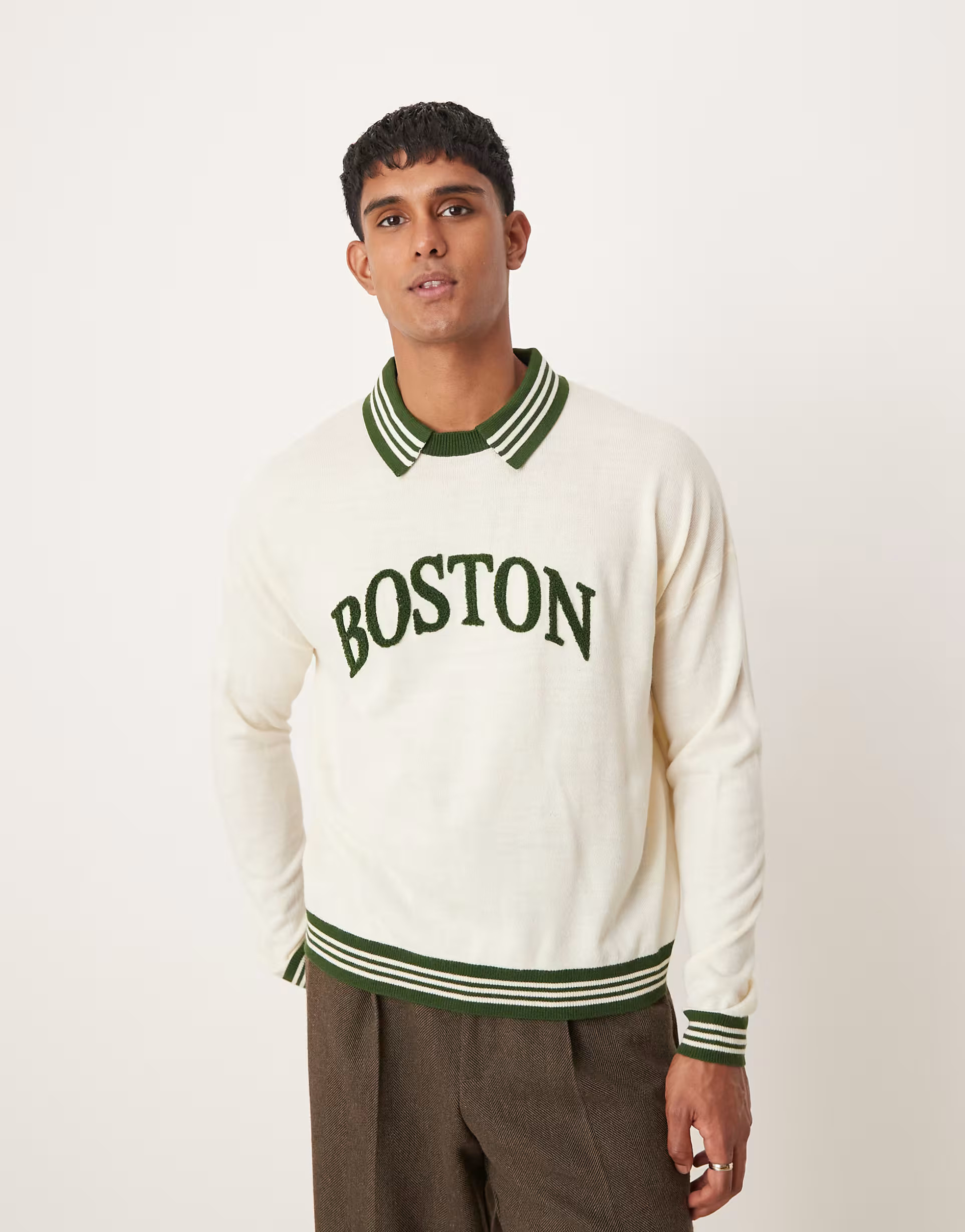 ASOS DESIGN oversized boxy fit knitted polo jumper in cream with varsity text | ASOS | ASOS (Global)