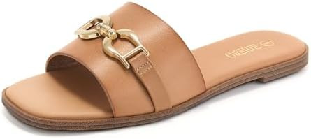 Rihero Women's Flat Sandals Summer Comfortable Square Open Toe Slip On Leather Slide Sandals | Amazon (US)