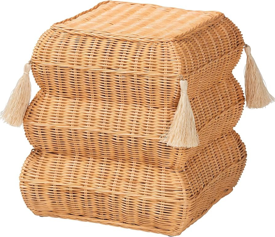Bali & pari Noura Natural Rattan Footstool with Tassel Accents | Amazon (US)