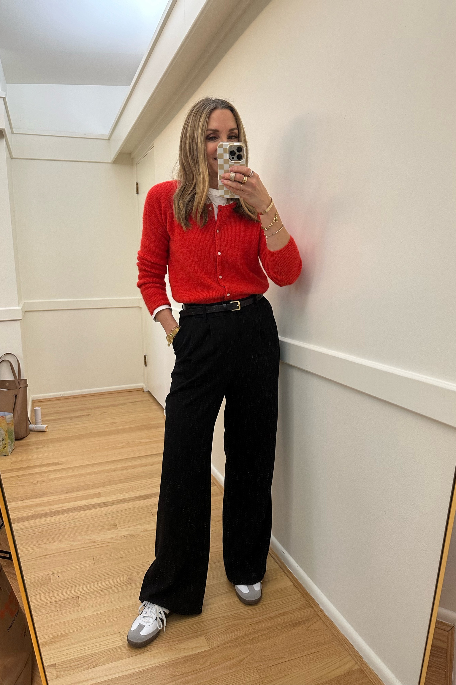 February winter style! Kohls black trousers, Sezane red cardigan, long sleeve white tee, adidas sambas, black belt, valentine outfit, workwear outfit, weekend outfit 

#LTKfindsunder50 #LTKstyletip #LTKworkwear