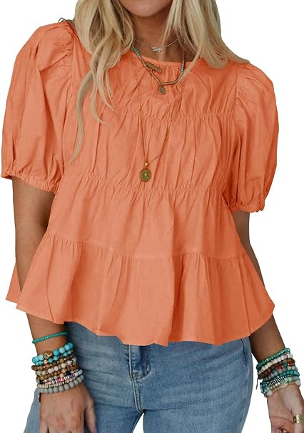Tankaneo Womens Puff Sleeve Peplum Babydoll Tops Summer Smoked Pleated Cotton T-Shirts Casual Loo... | Amazon (US)