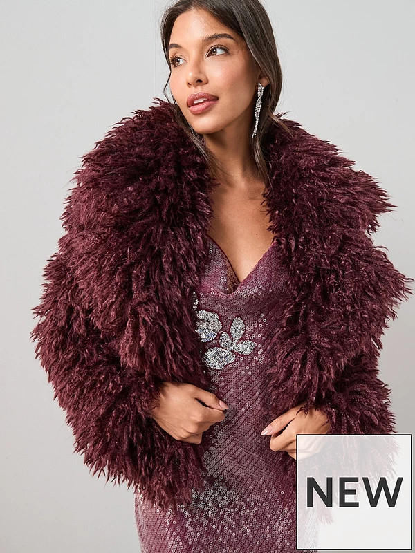 The Very Collection Mongolian Faux Fur Coat - Burgundy | Very (UK)