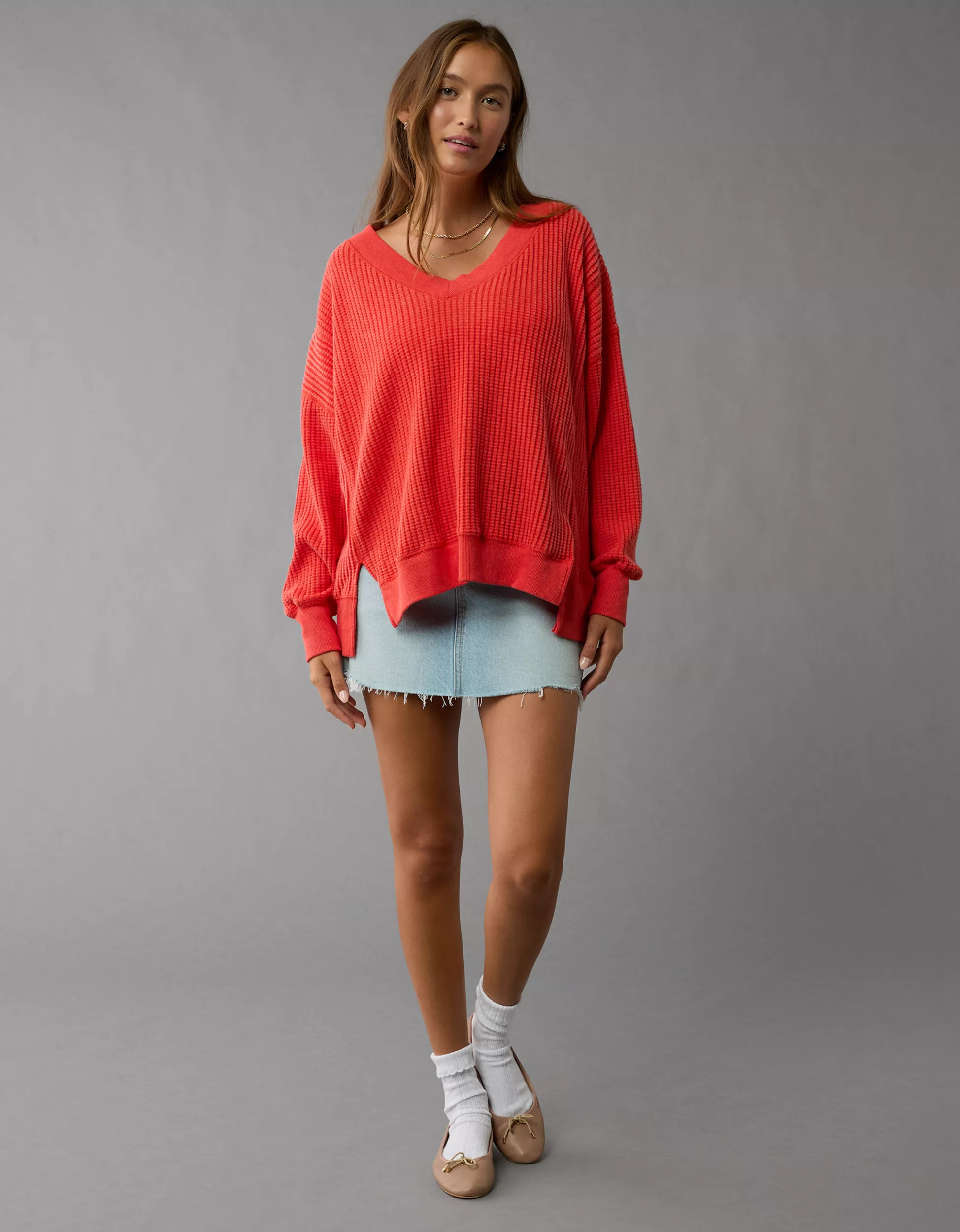 AE Big Hug V-Neck Waffle Sweatshirt | American Eagle Outfitters (US & CA)