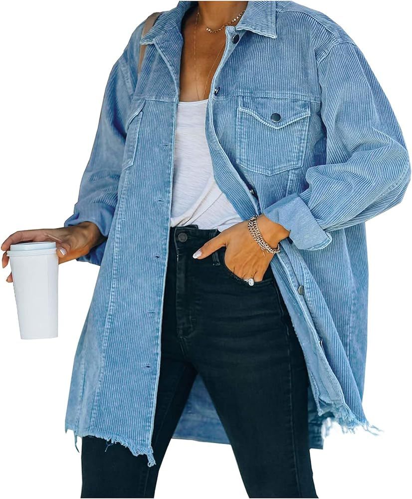 Amazon.com: Kedera Women's Oversized Button Down Corduroy Shirt Jacket Lapel Collar Washed Shacke... | Amazon (US)
