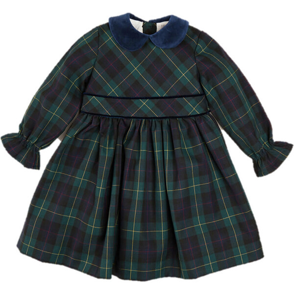 Tartan Ruffle Collar Long Sleeve Dress, Green | Maisonette