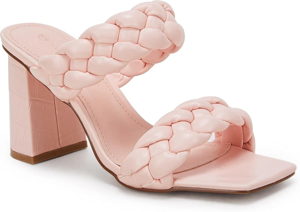 Womens Braided Heeled Sandals Backless Square Open Toe Block Strappy Slip On Slide Shoes | Amazon (US)