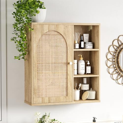 Rattan Bathroom Wall Cabinet with Door, Boho Medicine Wall Cabinets with Adjustable Shelves, Tall... | Amazon (US)