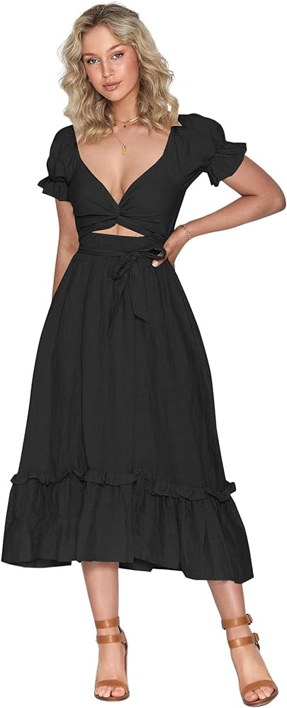 ZAFUL 2023 Boho Maxi Dress for Women A Line Tie Waist Summer Dress Deep V Neck Smocked Wrap Dress | Amazon (US)