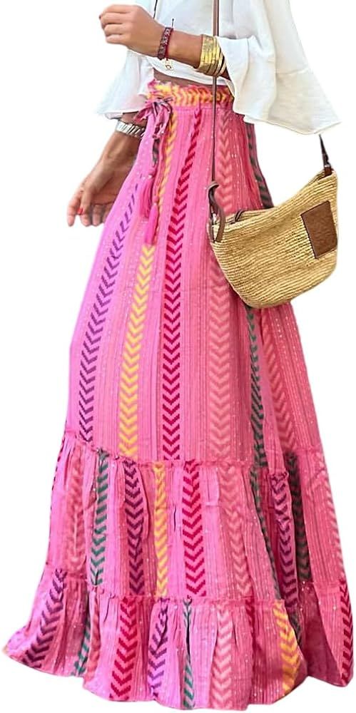 Women's Vintage Boho Floral Print Tiered Elastic High Waist Skirt 2024 Spring Summer A-Line Flowy... | Amazon (US)