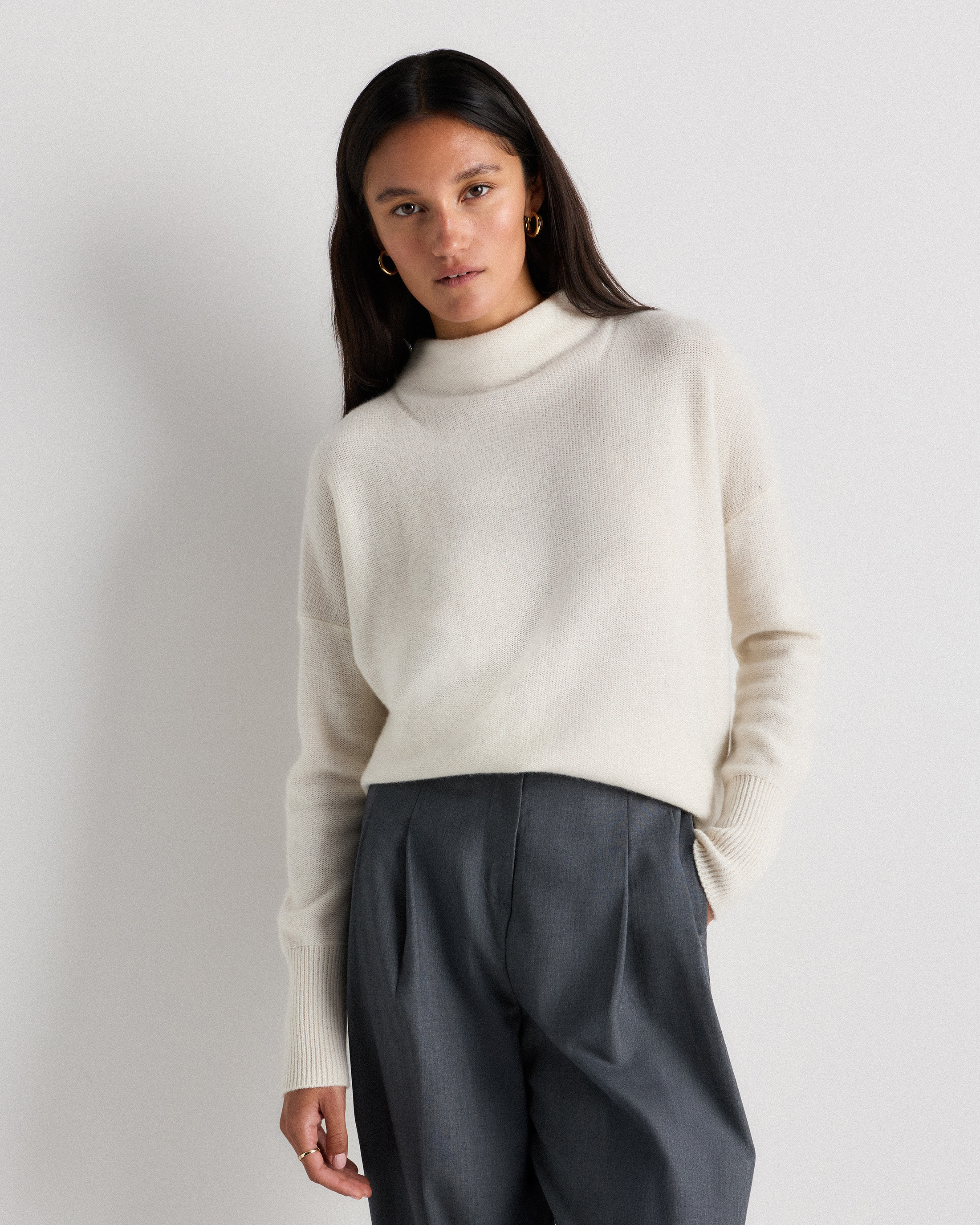 Quince | Women's Mongolian Cashmere Funnel Neck Sweater in Ivory, Size Medium | Quince