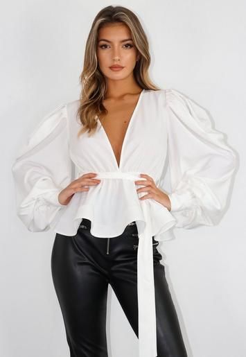 Missguided - White Puff Sleeve Flippy Hem Plunge Blouse | Missguided (UK & IE)