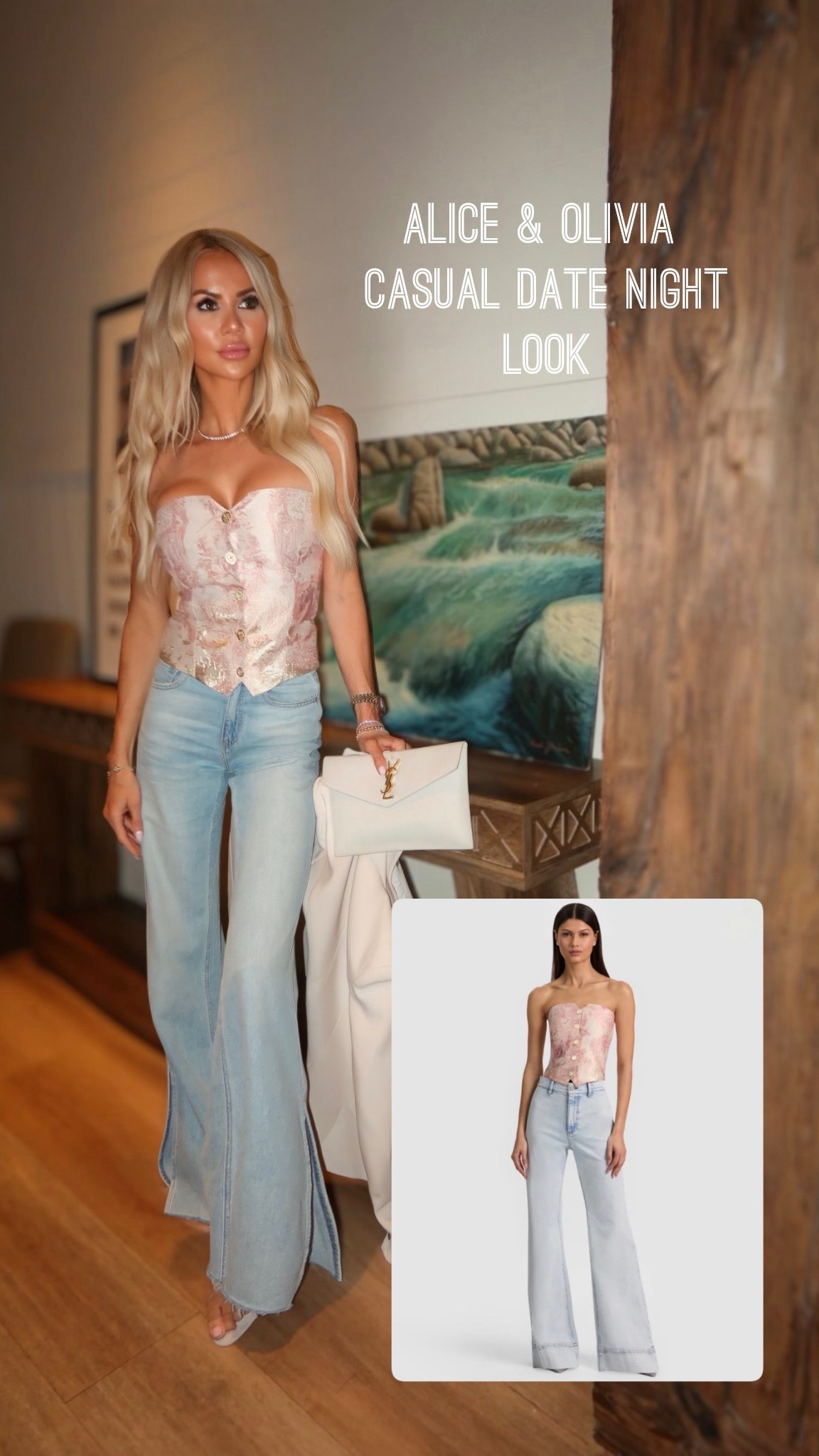 Spring has me reaching for all things pink, and this @Alice + Olivia  strapless vest top is the prettiest pop of blush against flared jeans. The soft floral print, gold buttons, and high‑waist denim feel flirty but still effortless for dinner, drinks, or a last‑minute night out. 

Linking the top and jeans on LTK so you can recreate this pink‑for‑spring moment for your next date night. 💗