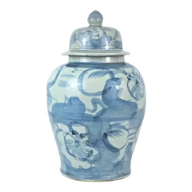 Large Chinoiserie Blue and White Abstract Lotus Ginger Jar | Chairish