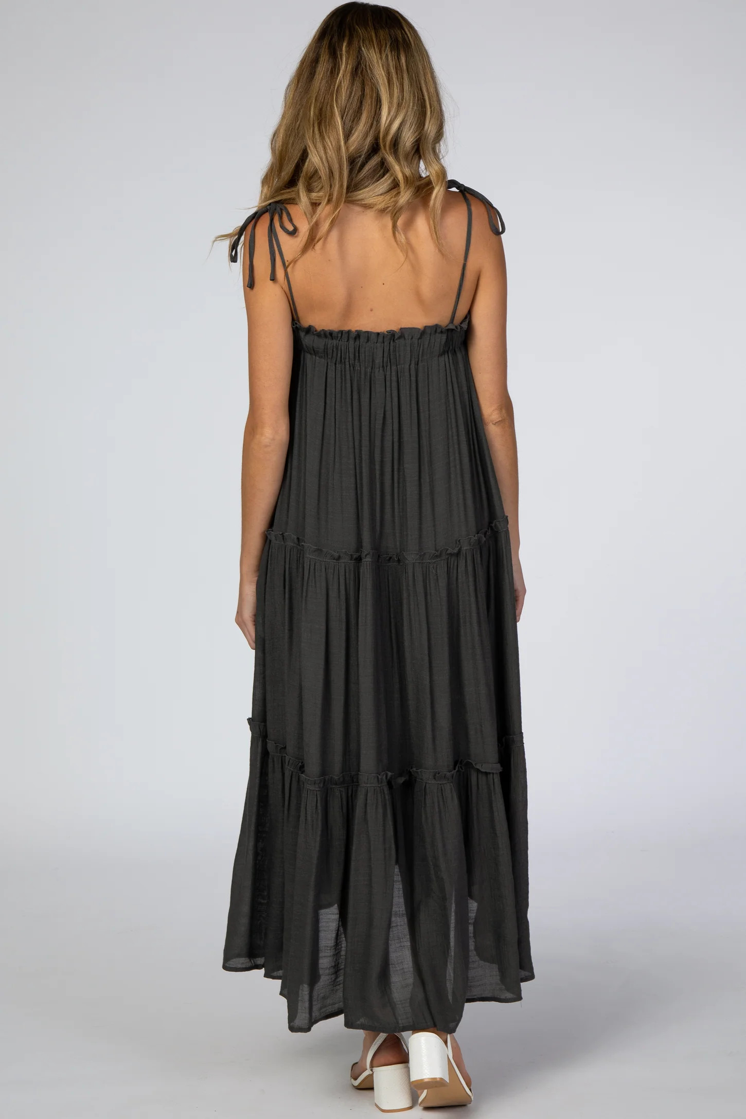 Charcoal Tie Strap Ruffle Maternity Maxi Dress | PinkBlush Maternity