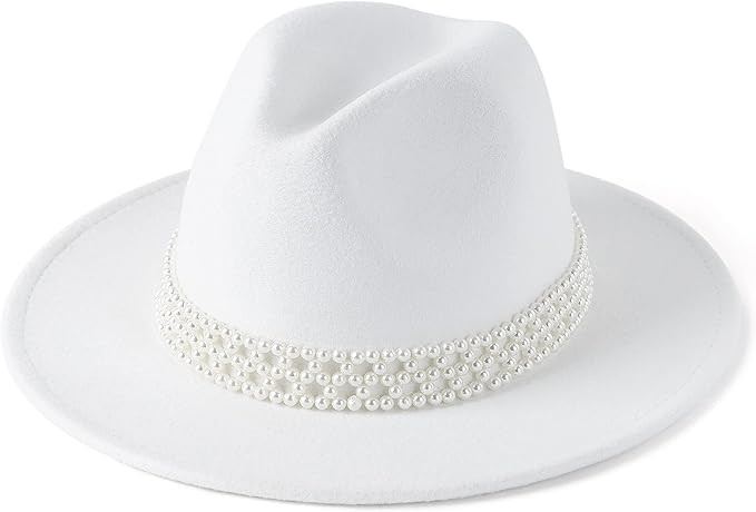 HUDANHUWEI Womens Wide Brim Fedora Hat with Pearl Band Lady Panama Hat | Amazon (US)