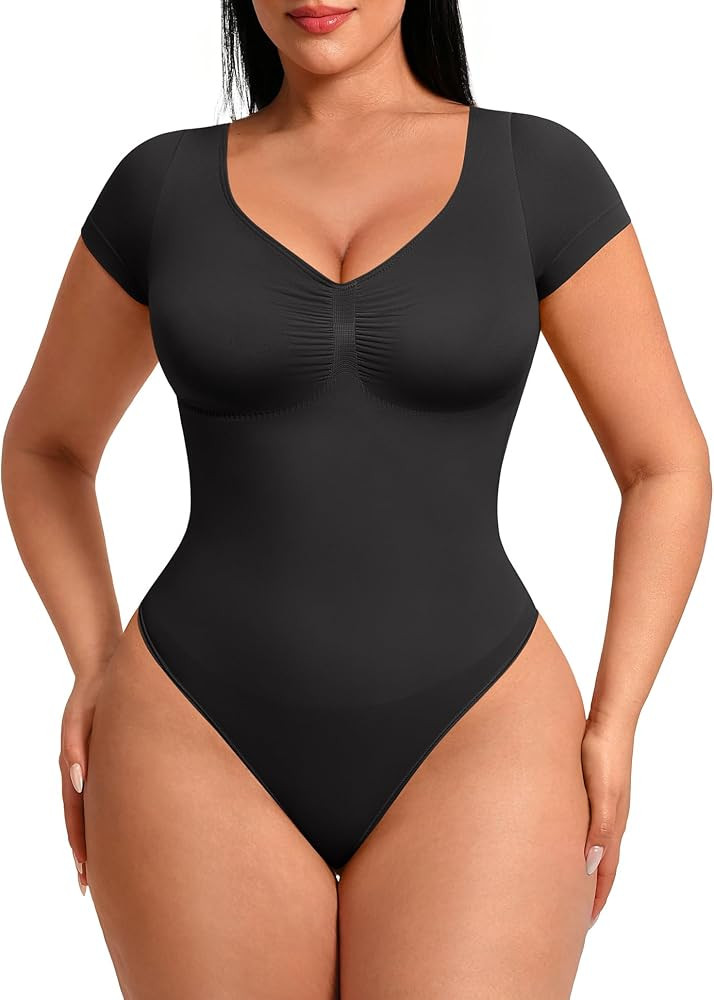FeelinGirl Short Sleeve Bodysuit for Women V Neck Tummy Control Shapewear Seamless Thong Body Sui... | Amazon (US)