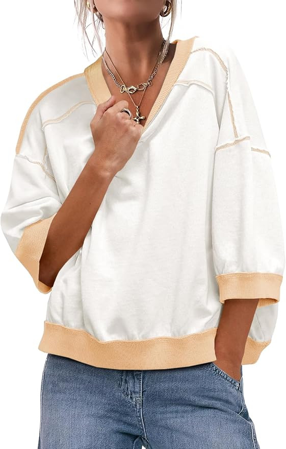 Fisoew Womens Oversized Sweatshirt 3/4 Sleeve Crewneck Cropped Top Casual Contrast Color Loose Fi... | Amazon (US)