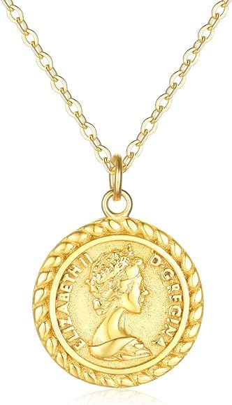Coin Necklace 18k Gold Plated Vintage Textured Medallion Coin Pendant Round Circle Disk Dainty Ne... | Amazon (US)