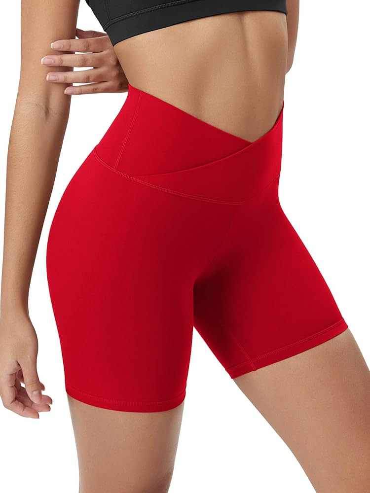 ODODOS Women's Cross Waist Yoga Shorts, 6" Buttery Soft Crossover High Waist Lounge Biker Shorts | Amazon (US)