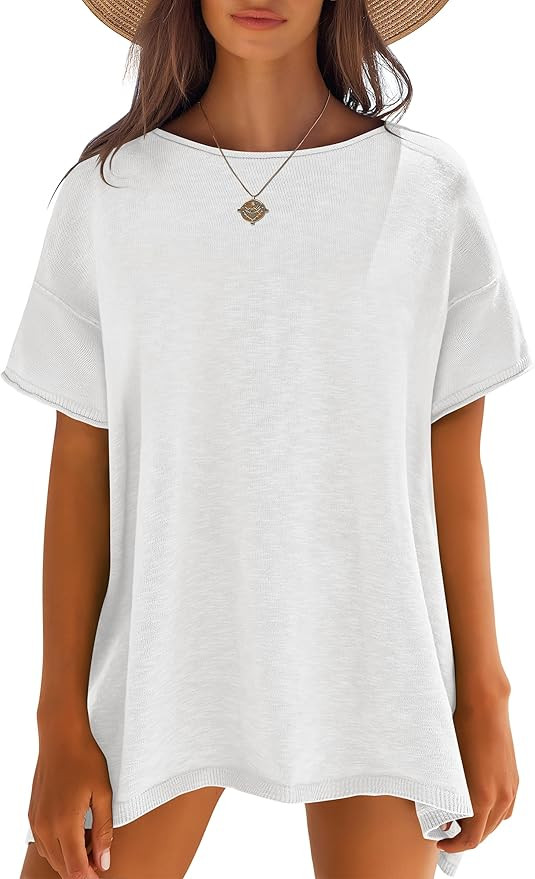 Caracilia Women Summer Lightweight Sweater Top Oversized Short Sleeve Drop Shoulder Seams Outside... | Amazon (US)