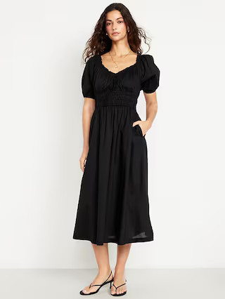 Fit & Flare Puff-Sleeve Midi Dress | Old Navy (US)