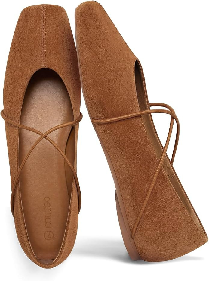 Coutgo Womens Square Toe Ballet Flats Comfortable Slip On Mary Jane Flats Crisscross Strap Work C... | Amazon (US)