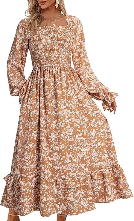 Dokotoo Fall Dresses for Women 2024 Casual Floral Square Neck Long Sleeve Smocked Elastic Waist T... | Amazon (US)