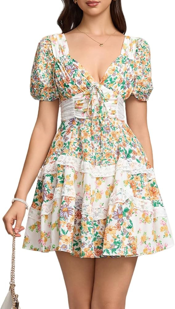 hibshaby Women's Floral Patchwork Dress V Neck Lace Layered Ruffle Flowy Babydoll Dress Puff Slee... | Amazon (US)
