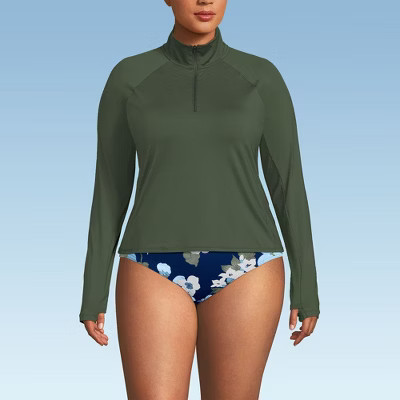 Lands' End Women's Plus Size SunShade UPF 50 Quarter Zip Rash Guard - 1x - Rich Olive Green | Target