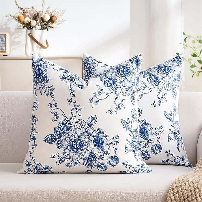 Chinoiserie Floral Pillow Covers 18 x 18 Inch Vintage Royal Blue Flower Decorative Covers for Pil... | Amazon (US)