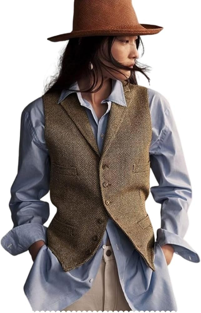 Womens Herringbone Tweed Waistcoat Lapel Sleeveless Blazers V Neck Work Office Suit Vests | Amazon (US)
