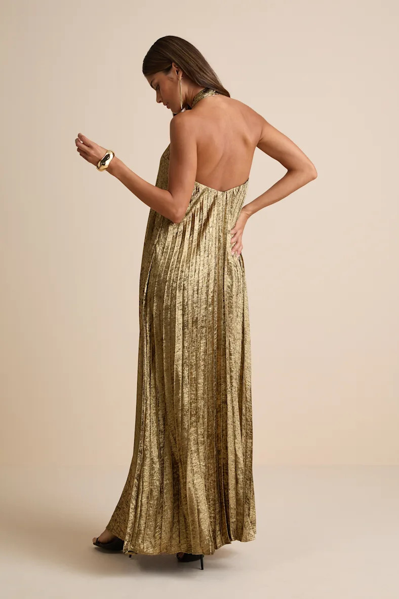 Gelsey Gold Lurex Pleated Halter Shift Maxi Dress | Lulus